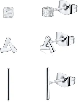 14K Gold Stud Earrings for Women Hypoallergenic Small Geometric Tiny Trendy Earring Stud -Triangle Square Bar