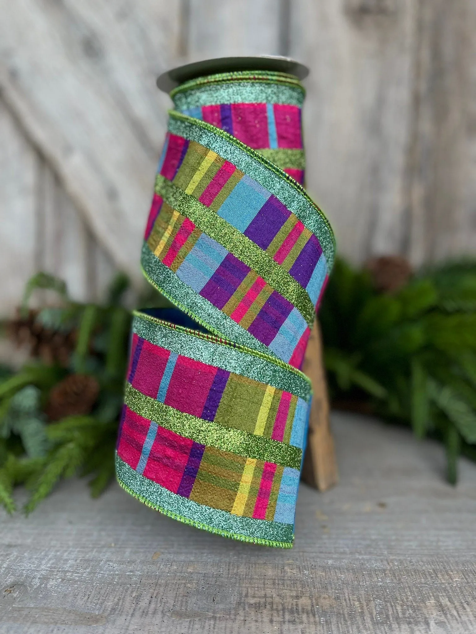 4" Glitter Jewel Tone Plaid, Pink Purple Plaid ribbon