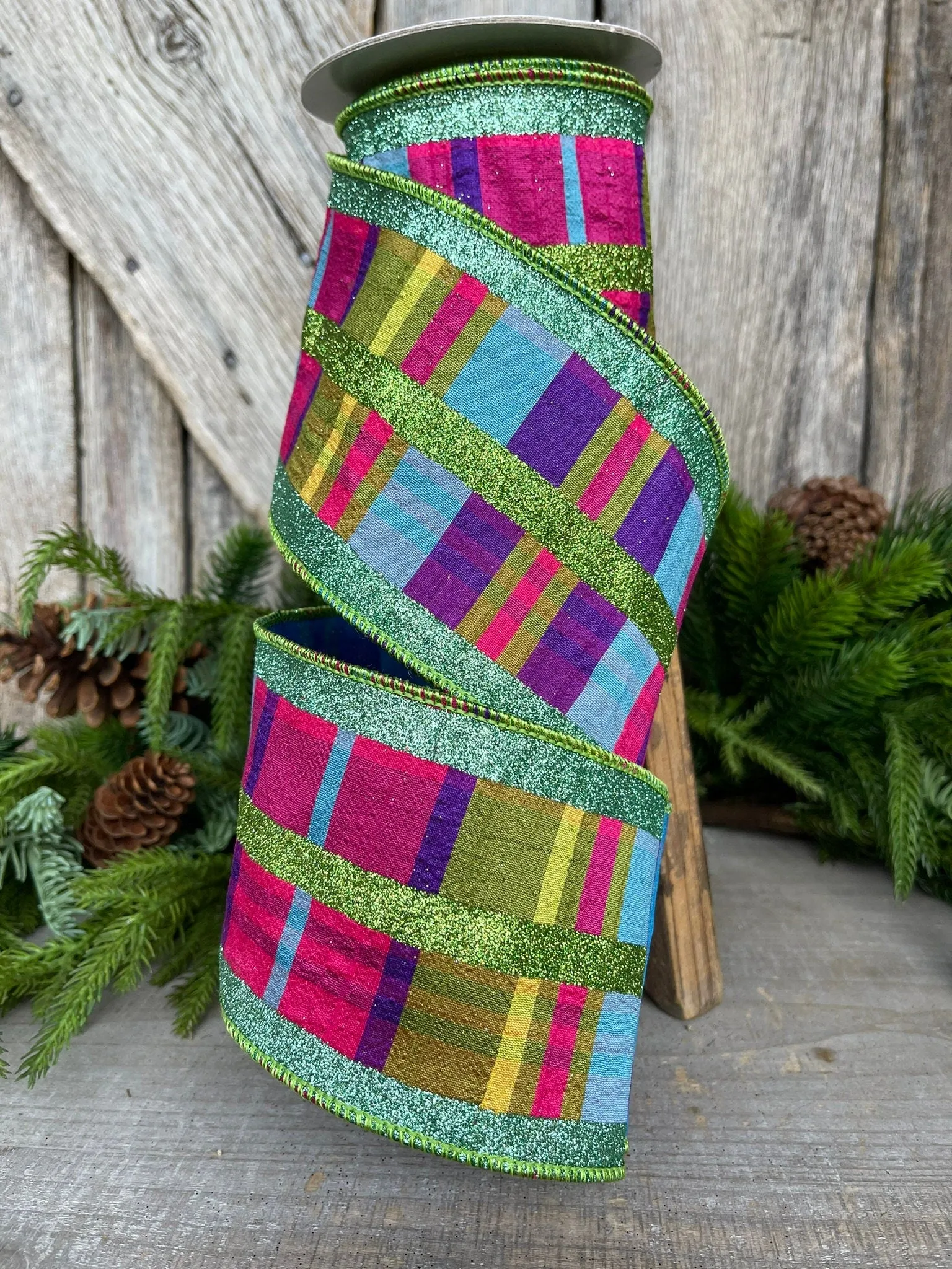 4" Glitter Jewel Tone Plaid, Pink Purple Plaid ribbon