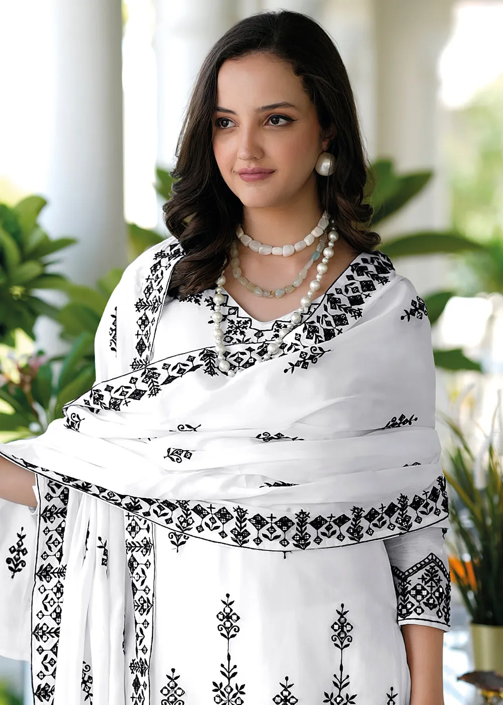 Appealing White Mal Mal Embroidered Festive Sharara Suit