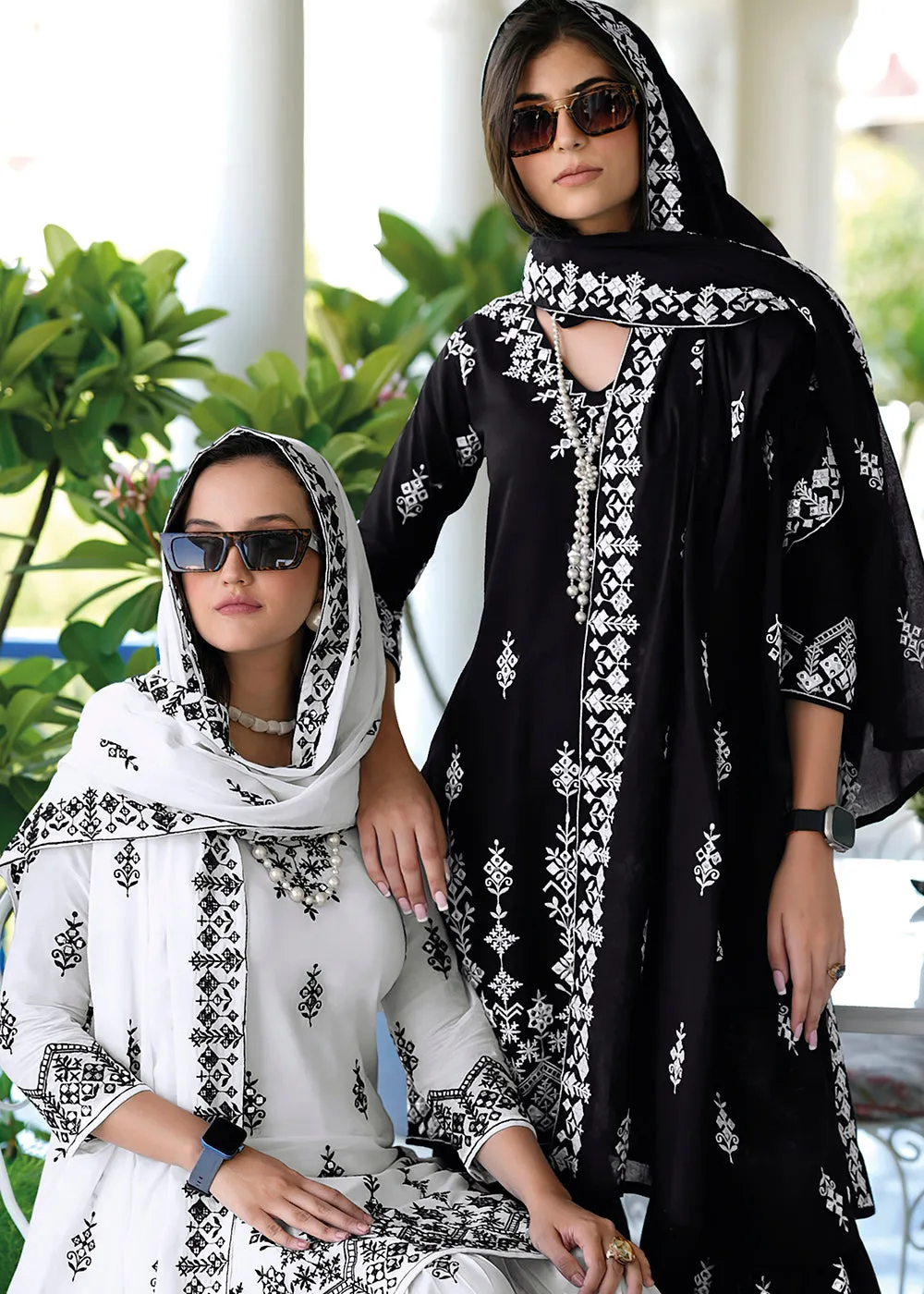 Appealing White Mal Mal Embroidered Festive Sharara Suit