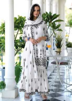 Appealing White Mal Mal Embroidered Festive Sharara Suit
