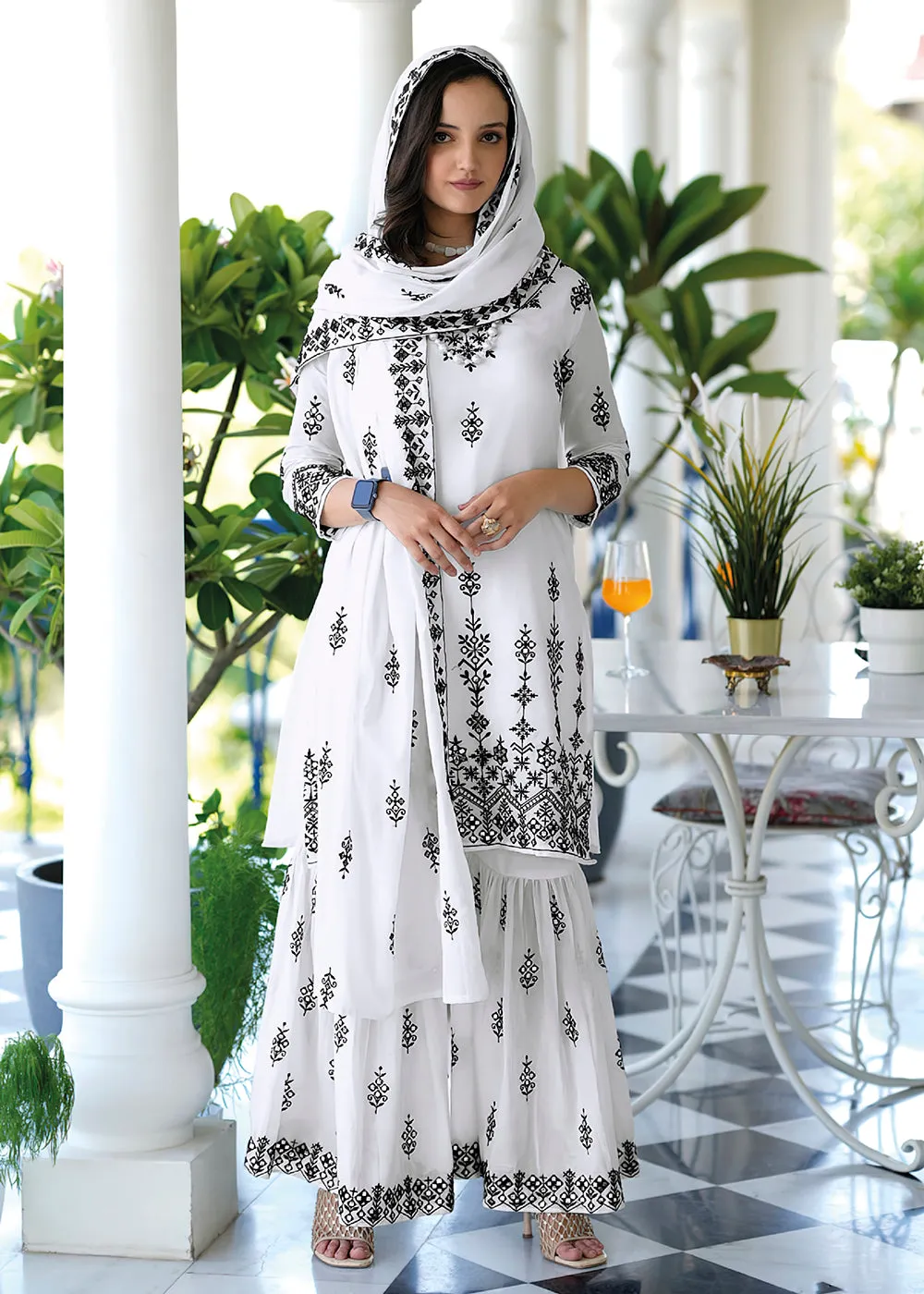 Appealing White Mal Mal Embroidered Festive Sharara Suit