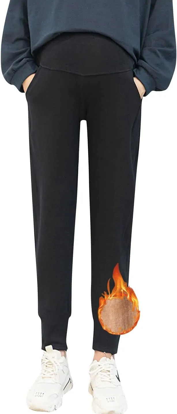 Autumn Winter Over Bump Maternity Fleece Sherpa Lined Sweatpants for Pregnant Women