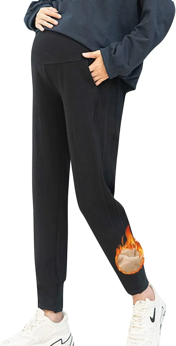 Autumn Winter Over Bump Maternity Fleece Sherpa Lined Sweatpants for Pregnant Women