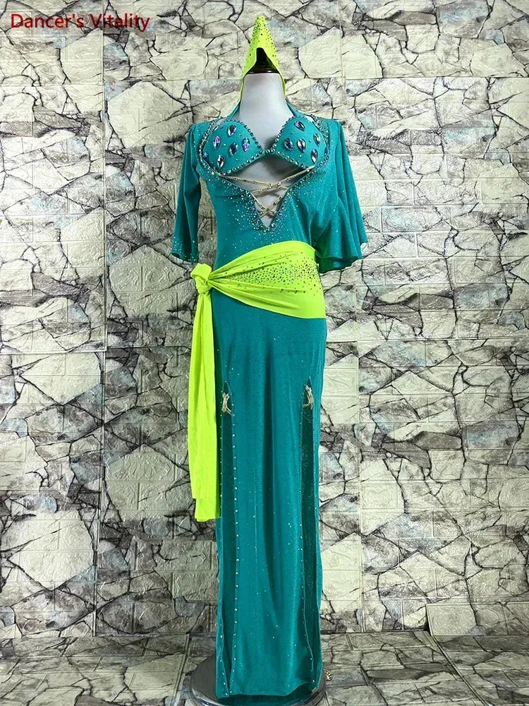 Belly Dance Performance Costume Suit for Women Custom Robe bra belt hip Scarf 4pcs Adult Child Baladi Shaabi Competiton Suit