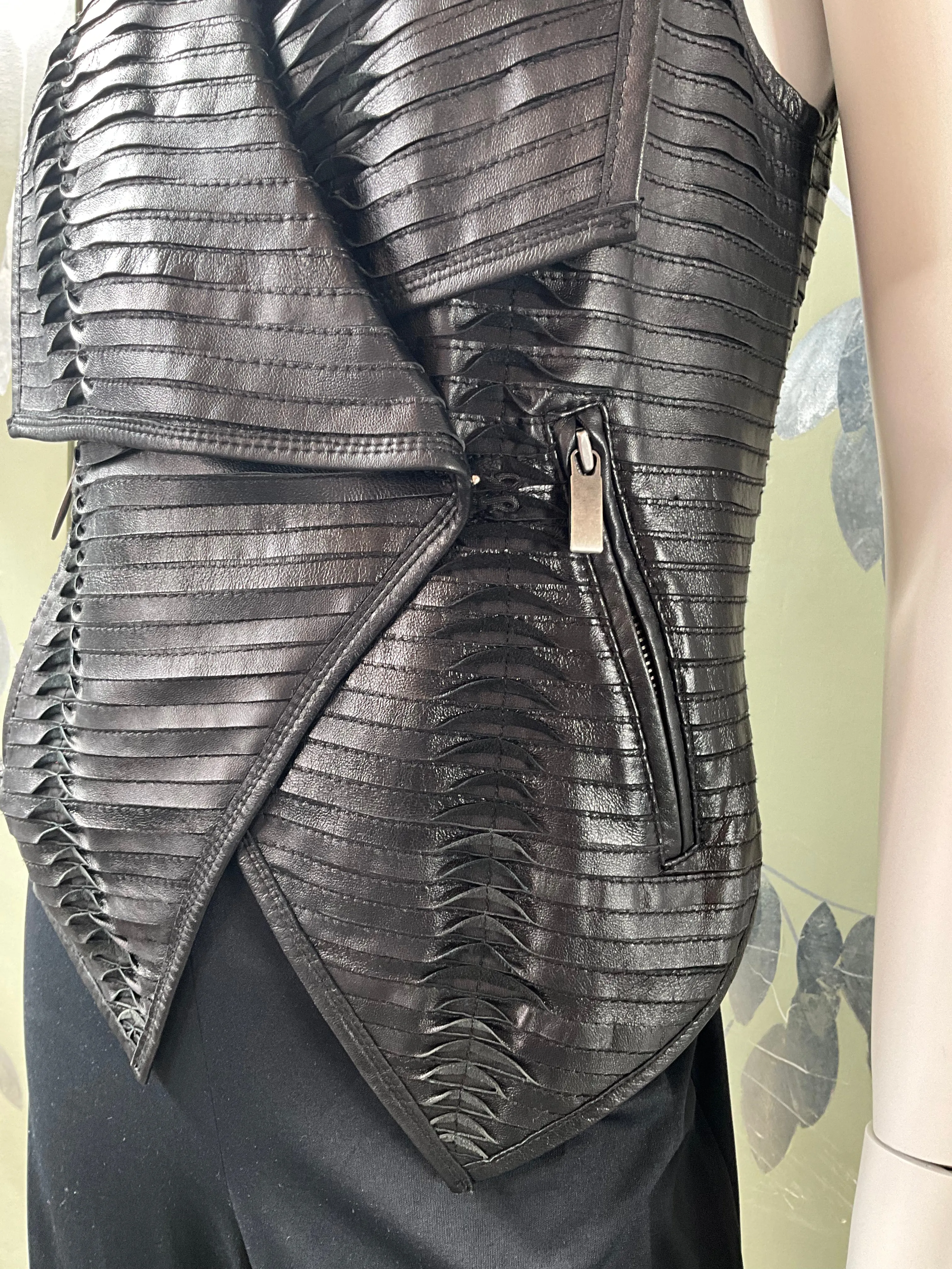 Black Pleated Leather Waistcoat with Drape Lapel, Small