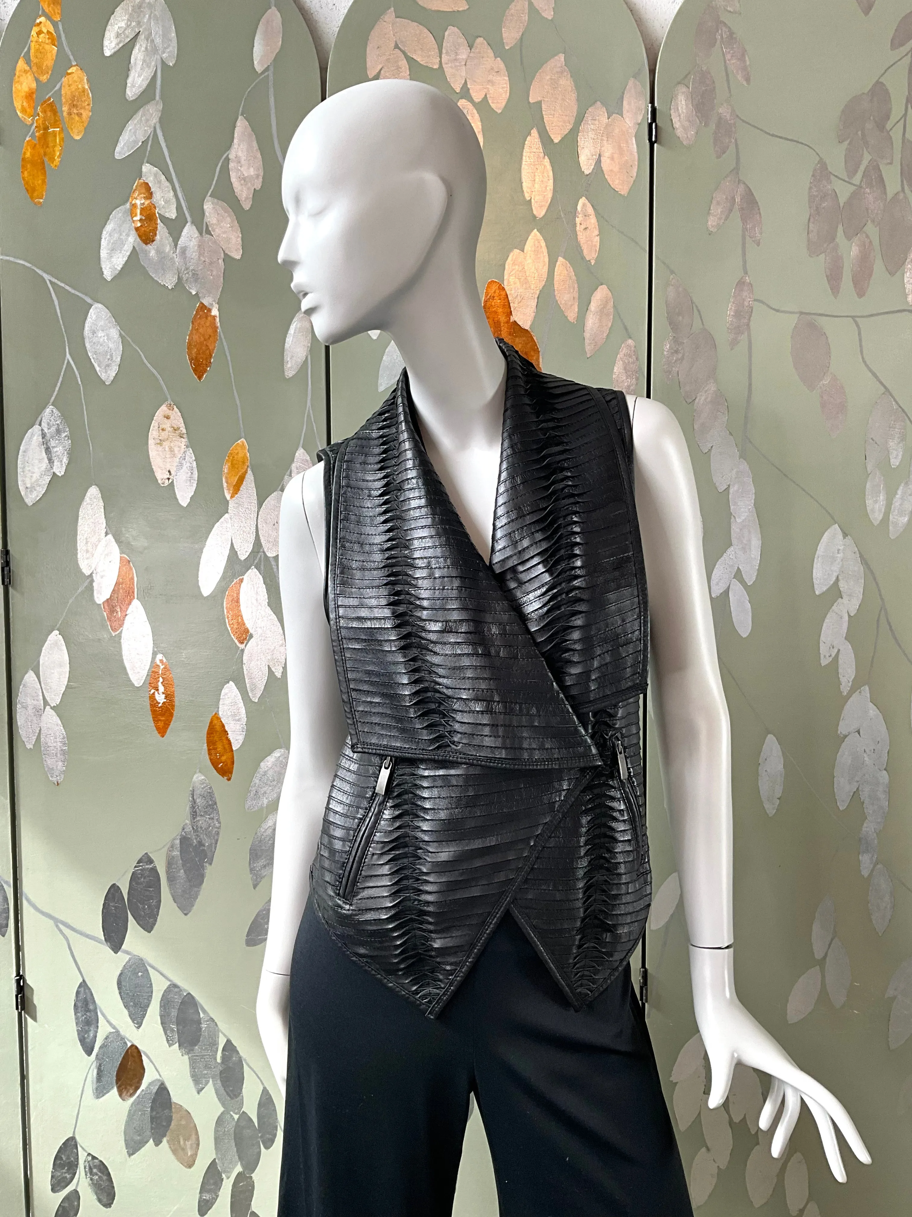 Black Pleated Leather Waistcoat with Drape Lapel, Small