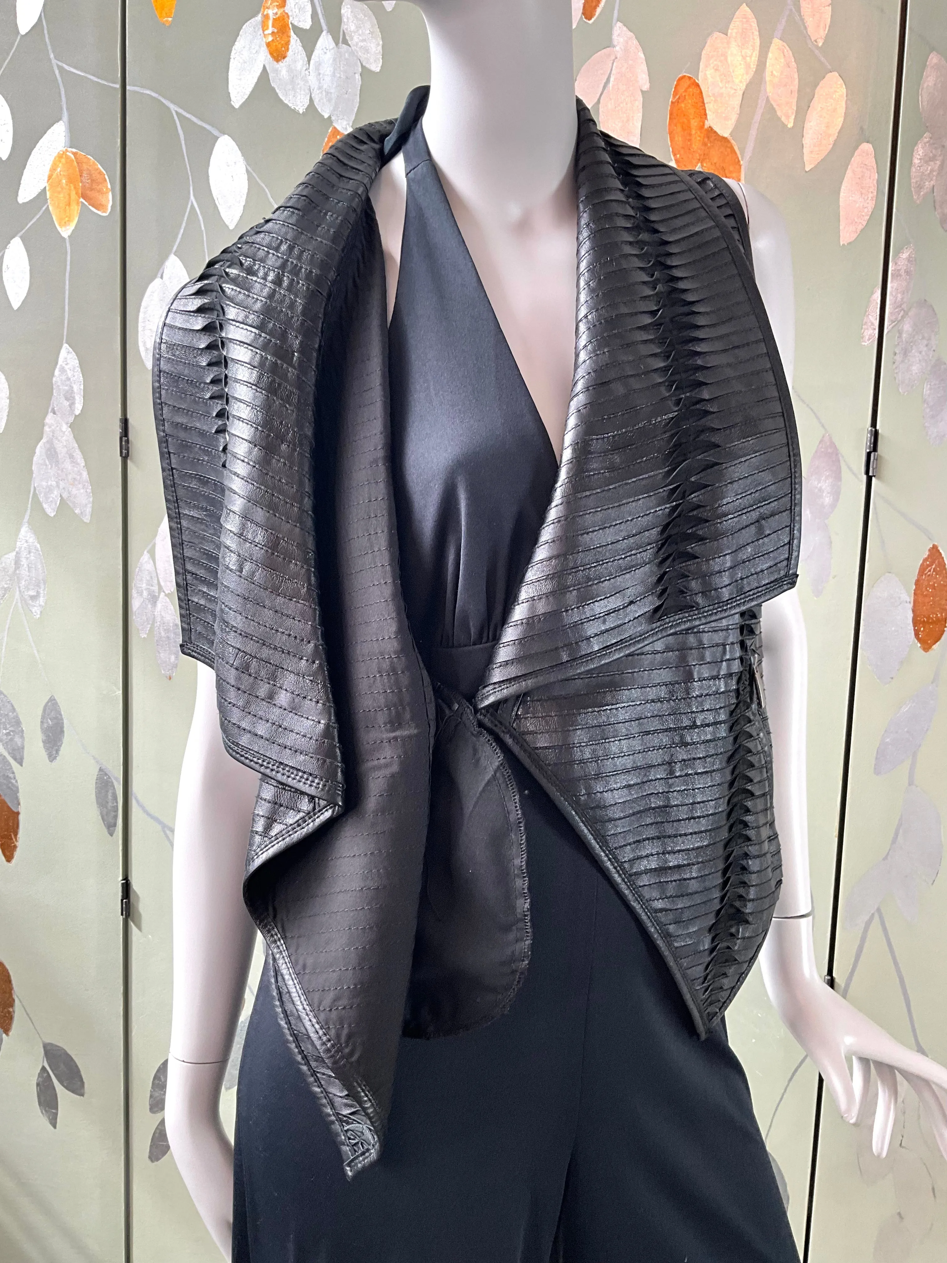 Black Pleated Leather Waistcoat with Drape Lapel, Small