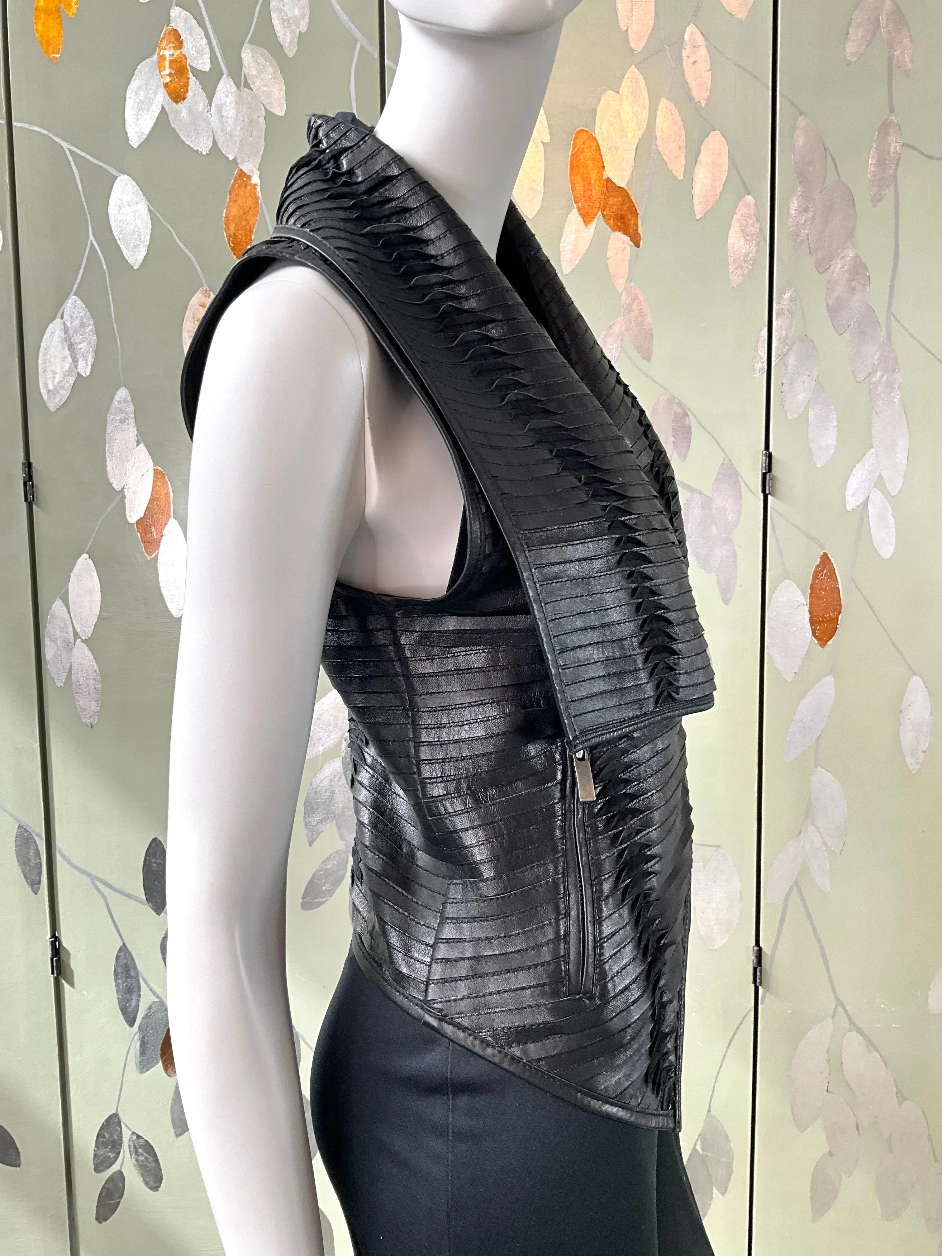 Black Pleated Leather Waistcoat with Drape Lapel, Small