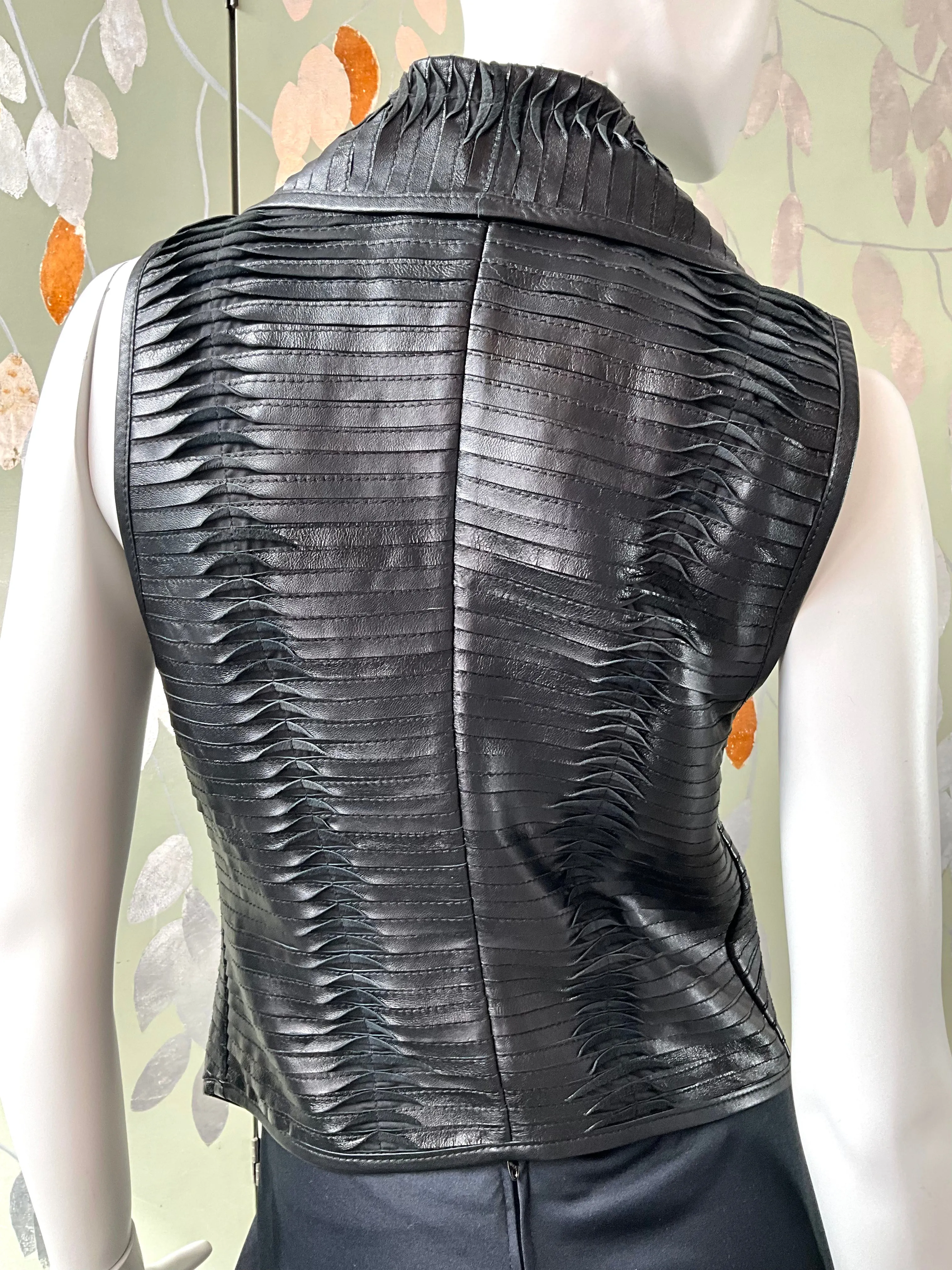 Black Pleated Leather Waistcoat with Drape Lapel, Small