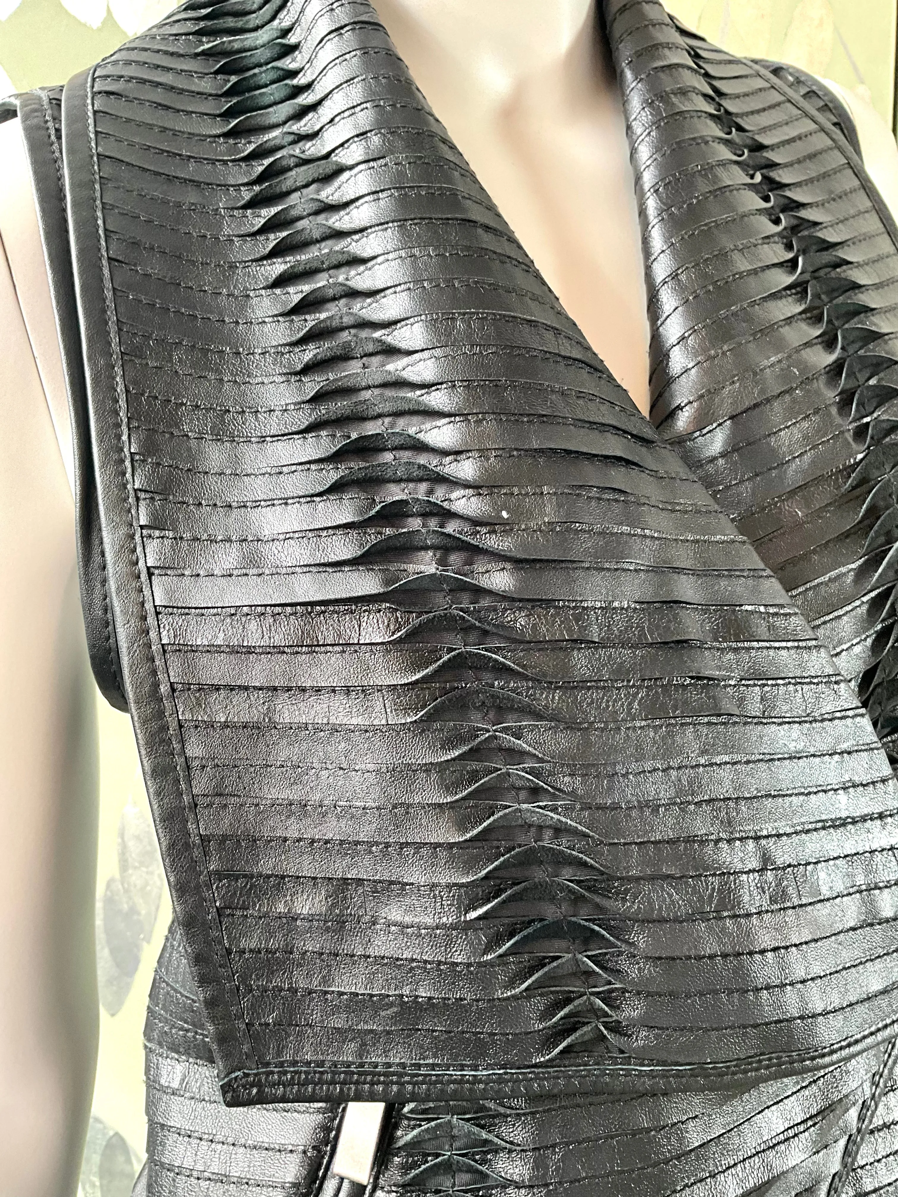 Black Pleated Leather Waistcoat with Drape Lapel, Small