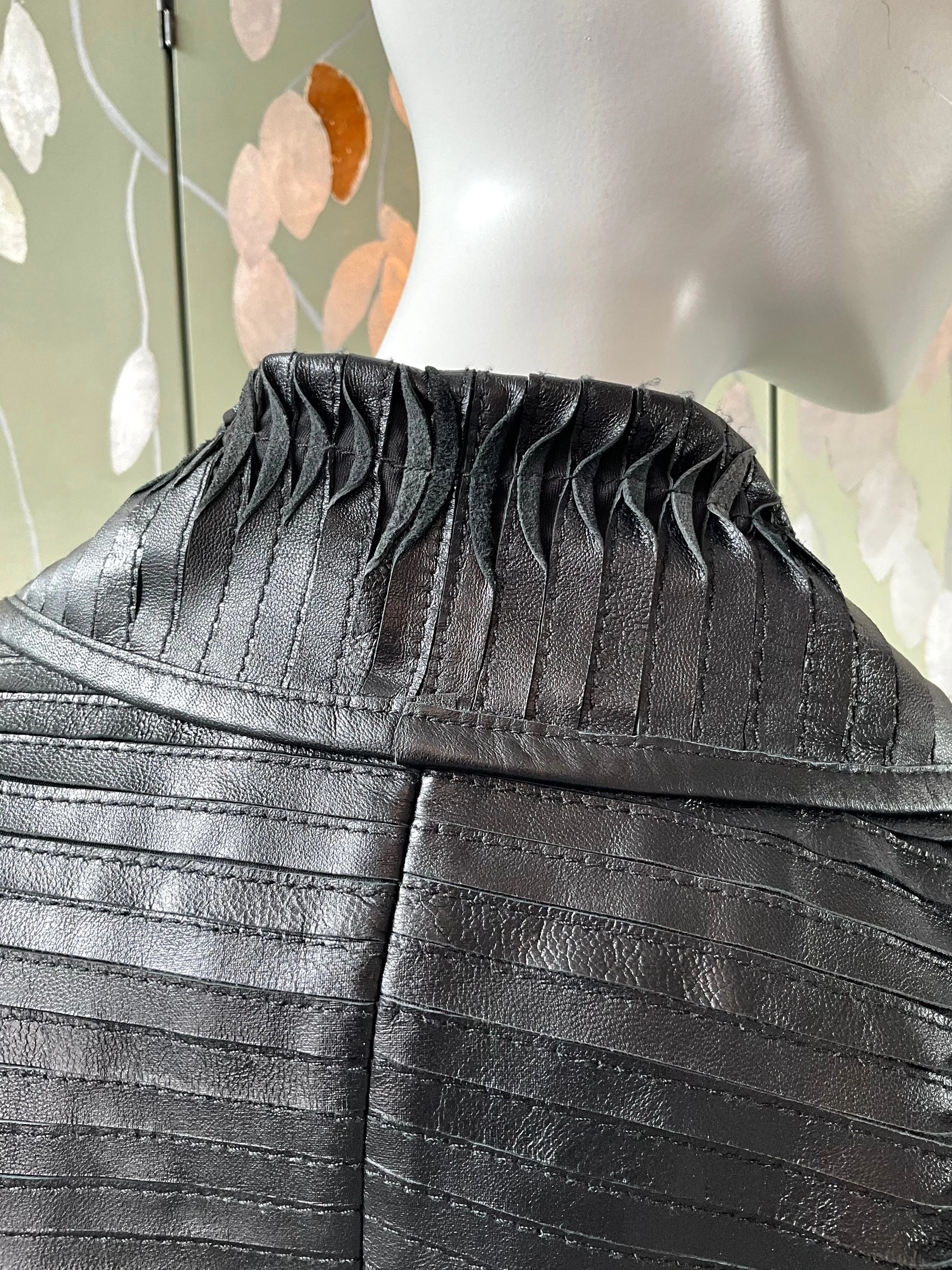 Black Pleated Leather Waistcoat with Drape Lapel, Small