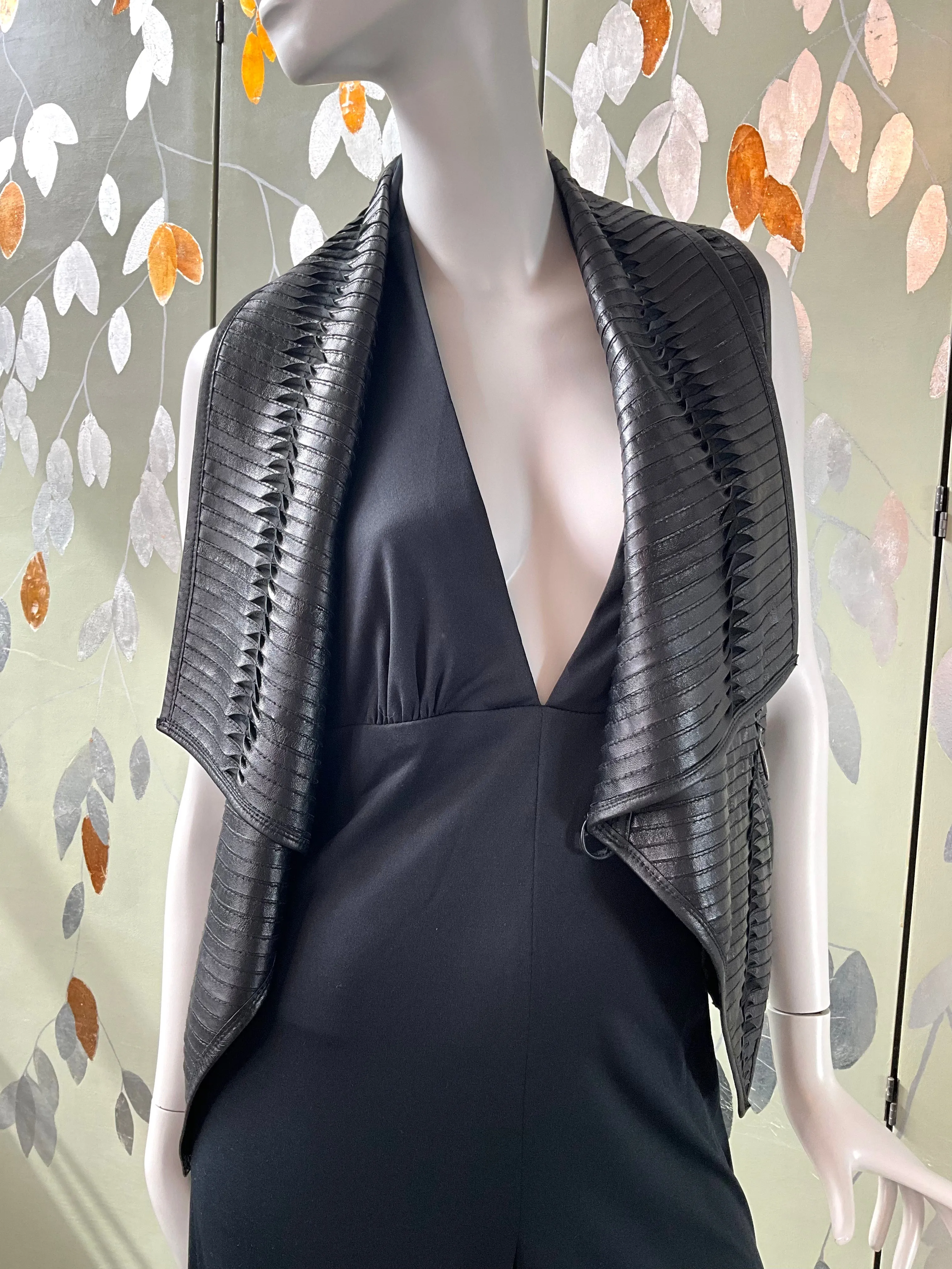 Black Pleated Leather Waistcoat with Drape Lapel, Small