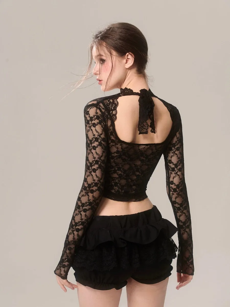 Black spring and summer lace halter neck off-shoulder long-sleeved T-shirt