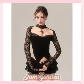 Black spring and summer lace halter neck off-shoulder long-sleeved T-shirt