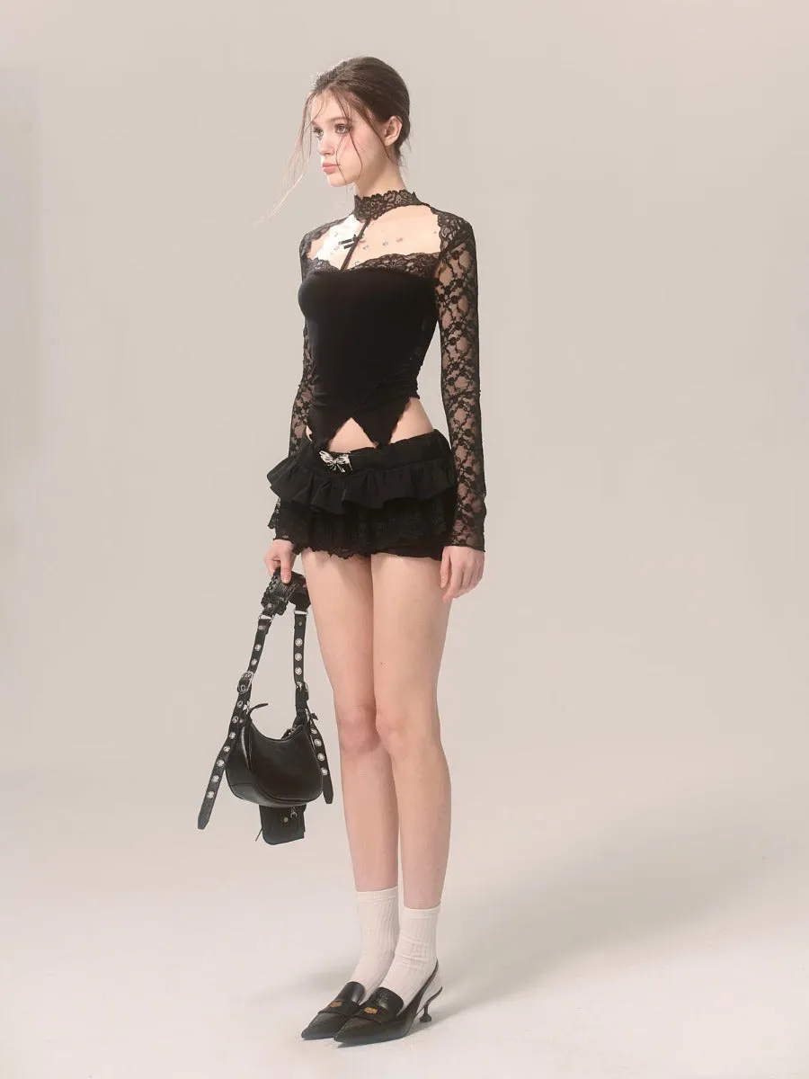 Black spring and summer lace halter neck off-shoulder long-sleeved T-shirt