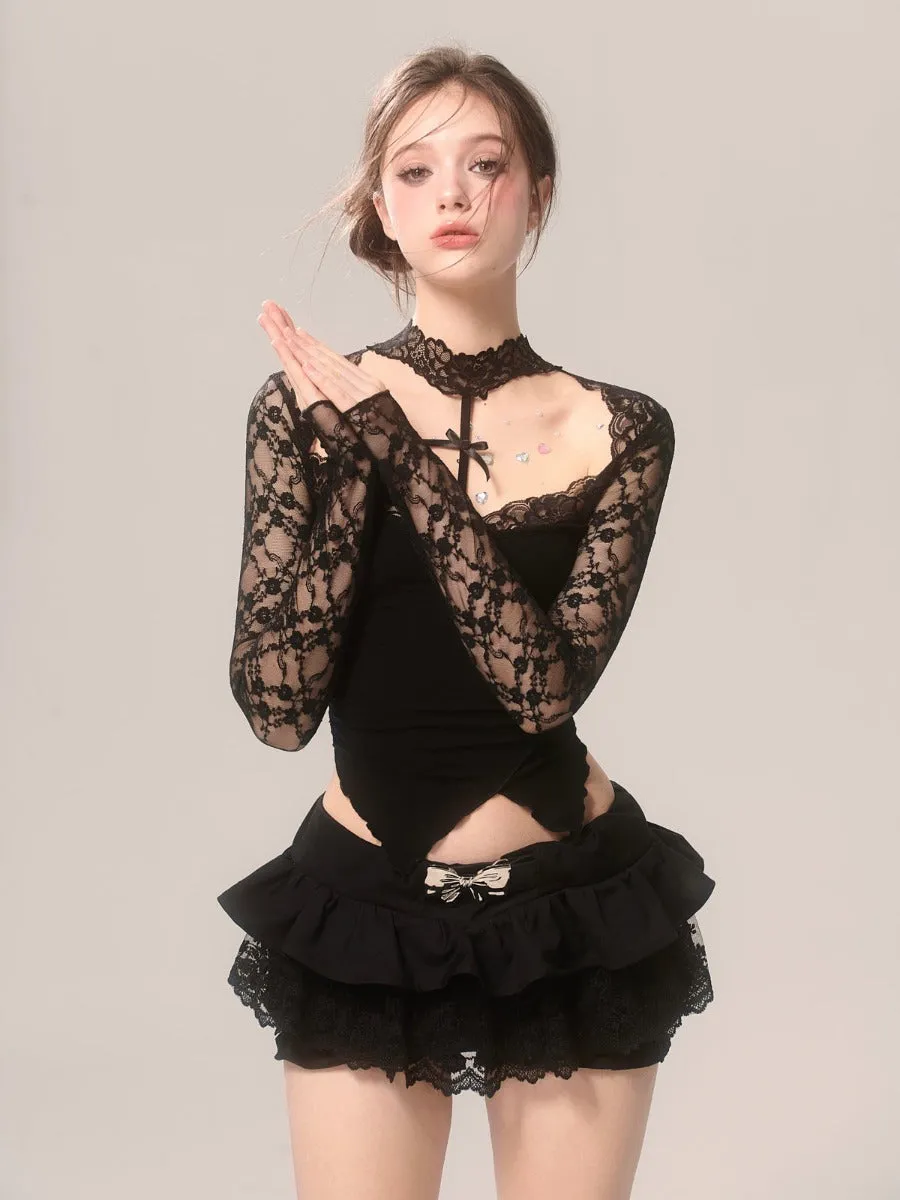 Black spring and summer lace halter neck off-shoulder long-sleeved T-shirt