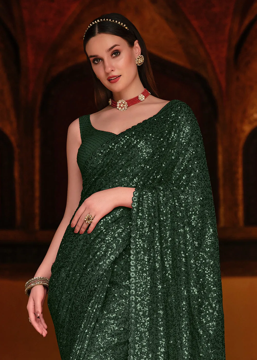 Bottle Green Thread & Sequins Party Wear Designer Saree