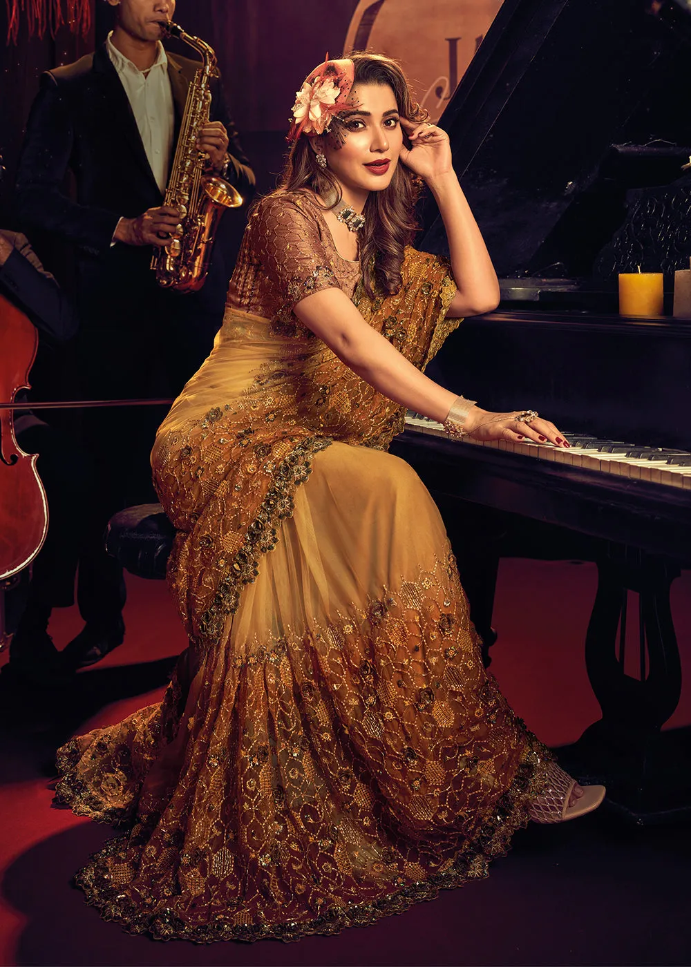 Bridal Party Mesmeric Mustard Premium Net Designer Saree