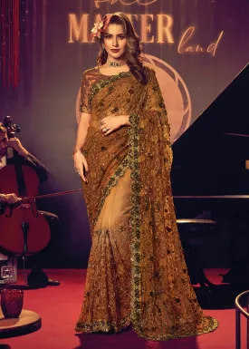 Bridal Party Mesmeric Mustard Premium Net Designer Saree