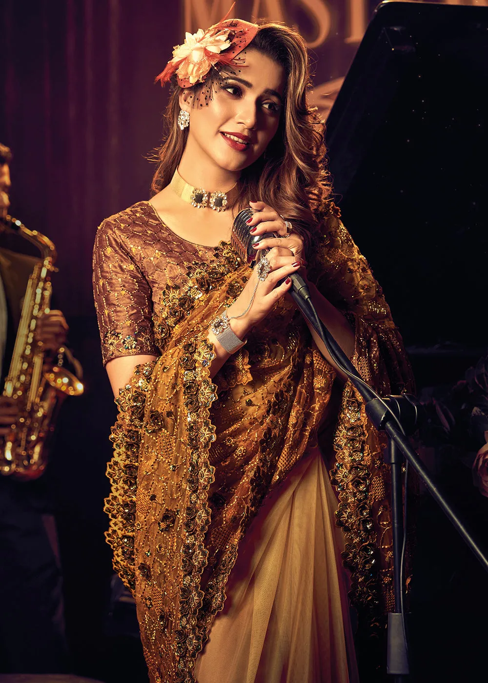 Bridal Party Mesmeric Mustard Premium Net Designer Saree