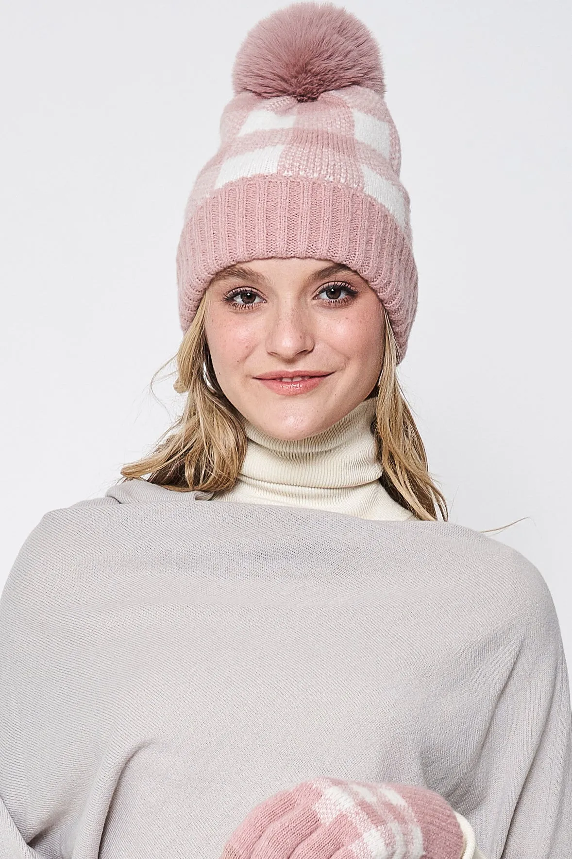 Buffalo Check Cuff Beanie With Pom