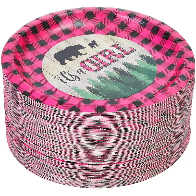 Buffalo Plaid Paper Plates, It's A Girl Baby Shower Party (7 In, 80 Pack)
