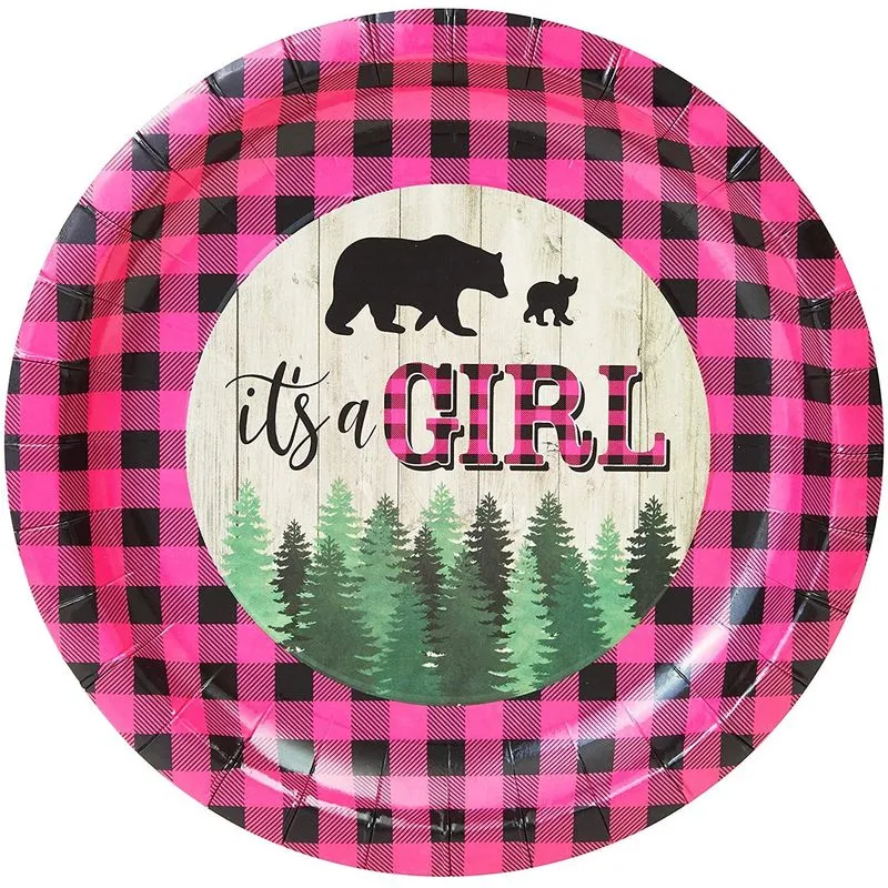 Buffalo Plaid Paper Plates, It's A Girl Baby Shower Party (7 In, 80 Pack)