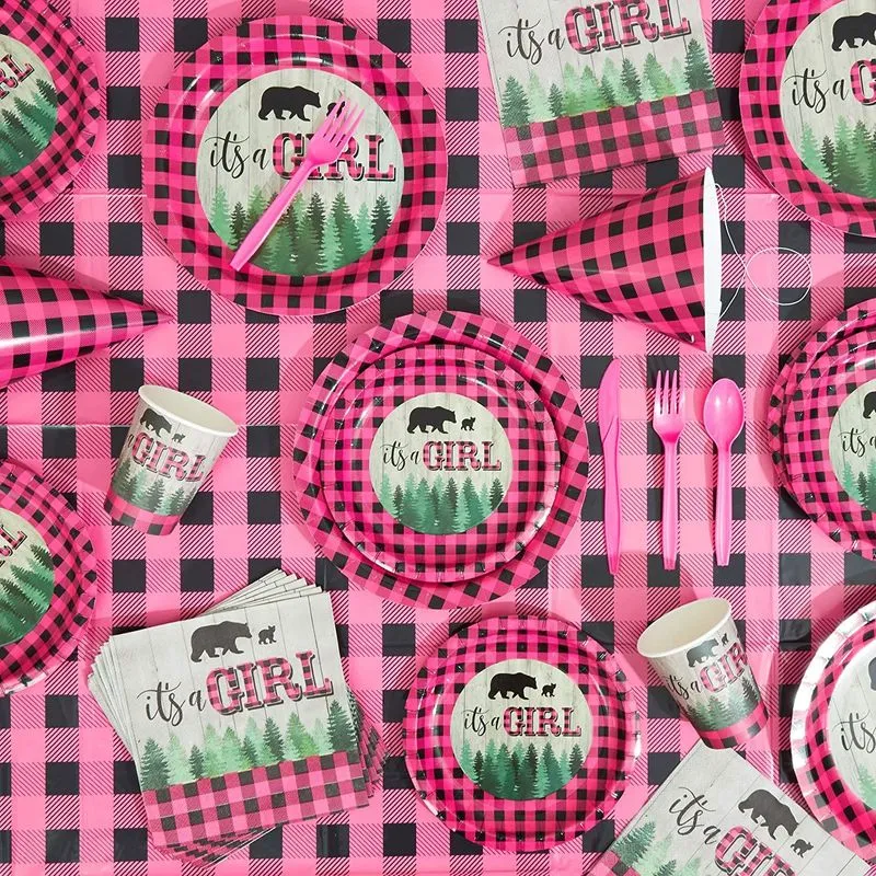 Buffalo Plaid Paper Plates, It's A Girl Baby Shower Party (7 In, 80 Pack)
