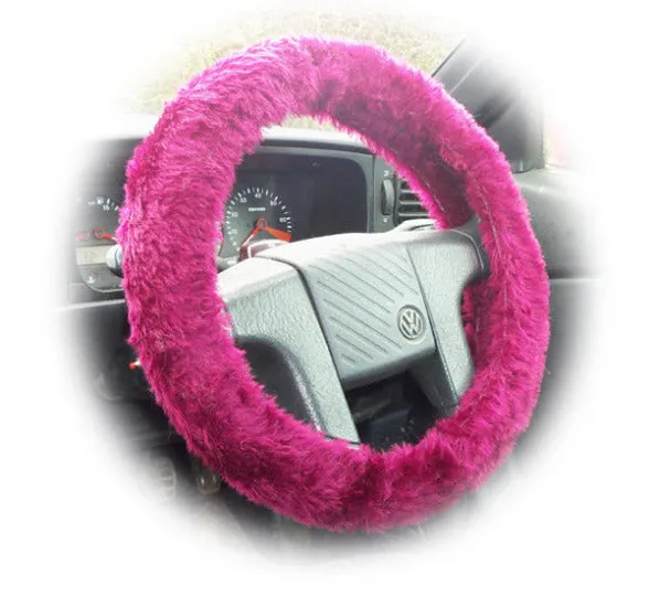 Burgundy Red fuzzy steering wheel cover with cute matching rear view mirror cover