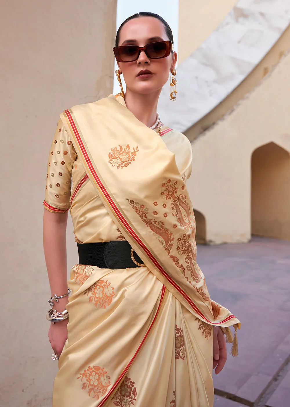 Buttermilk Beige Pure Satin Zari Weaving Wedding Festive Saree