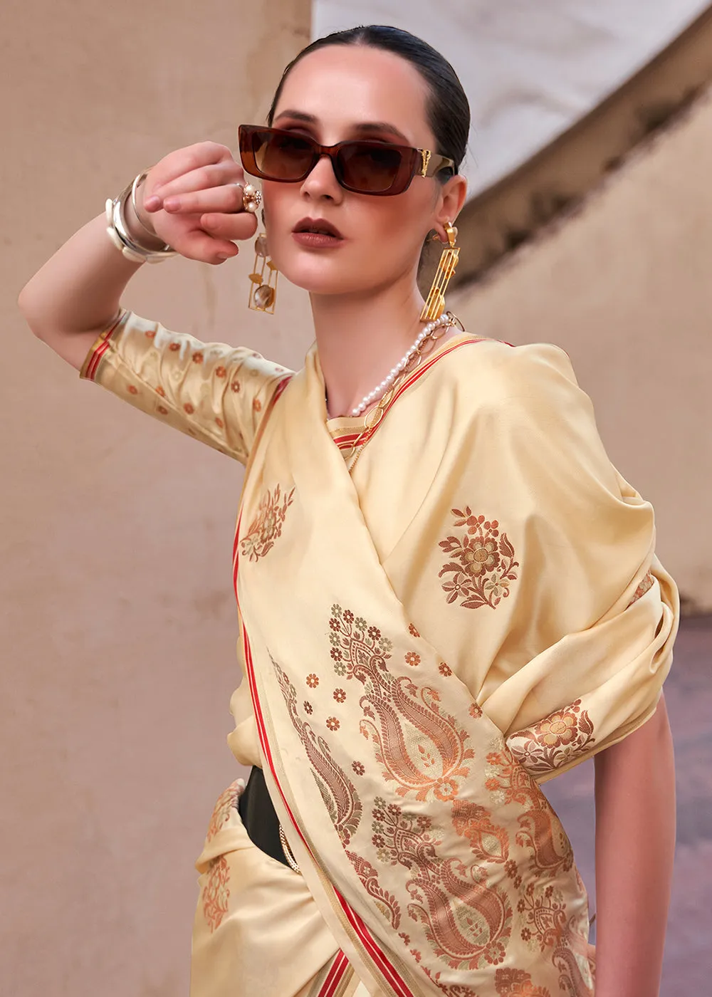Buttermilk Beige Pure Satin Zari Weaving Wedding Festive Saree