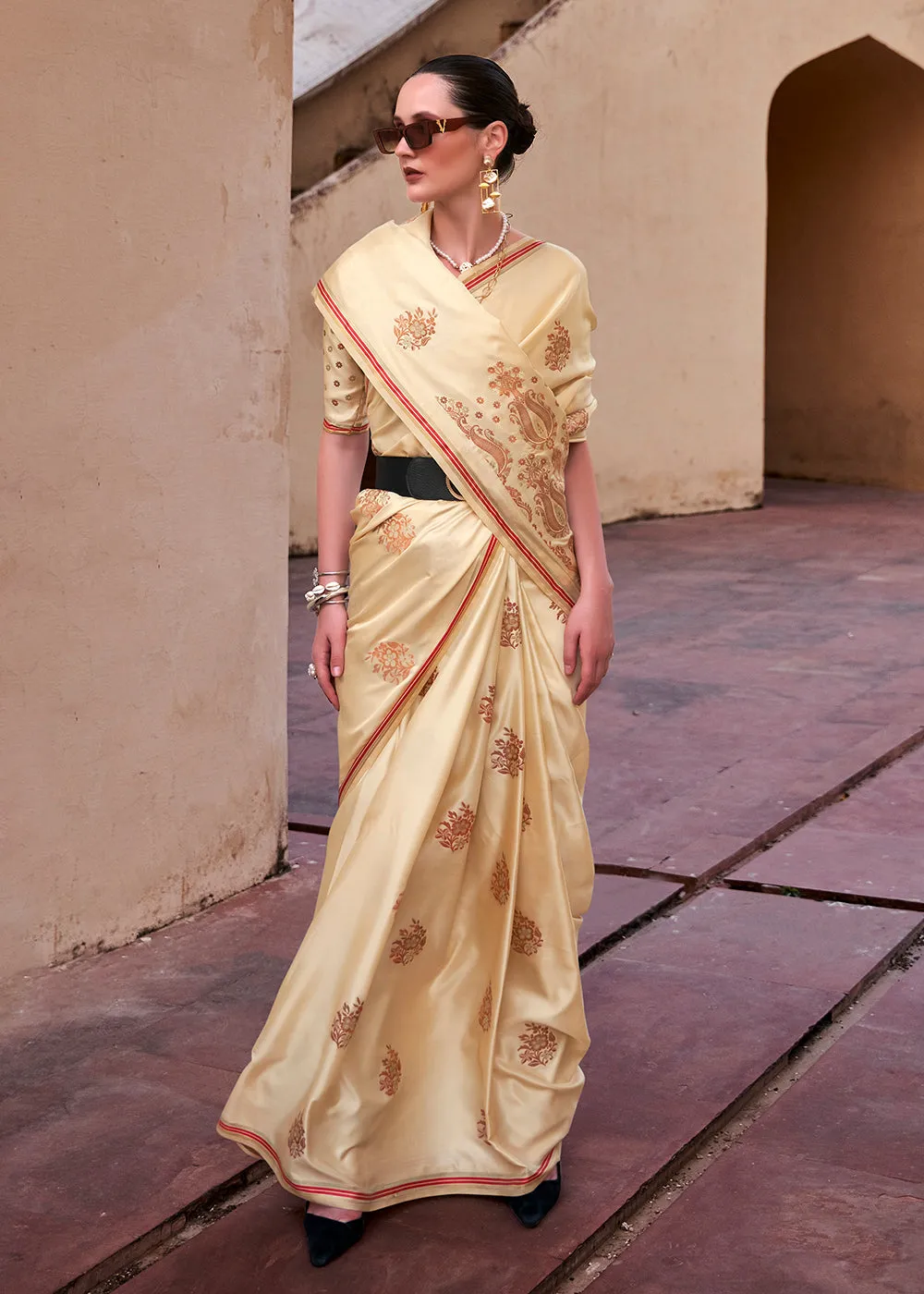 Buttermilk Beige Pure Satin Zari Weaving Wedding Festive Saree