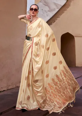 Buttermilk Beige Pure Satin Zari Weaving Wedding Festive Saree