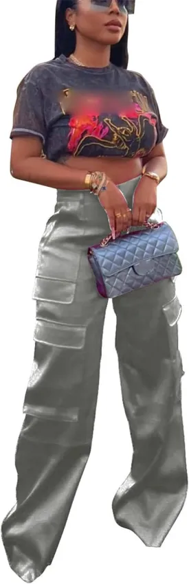CALEBGAR Womens Cargo Pants Casual High Wasited Wide Leg Parachute Pants with Pockets