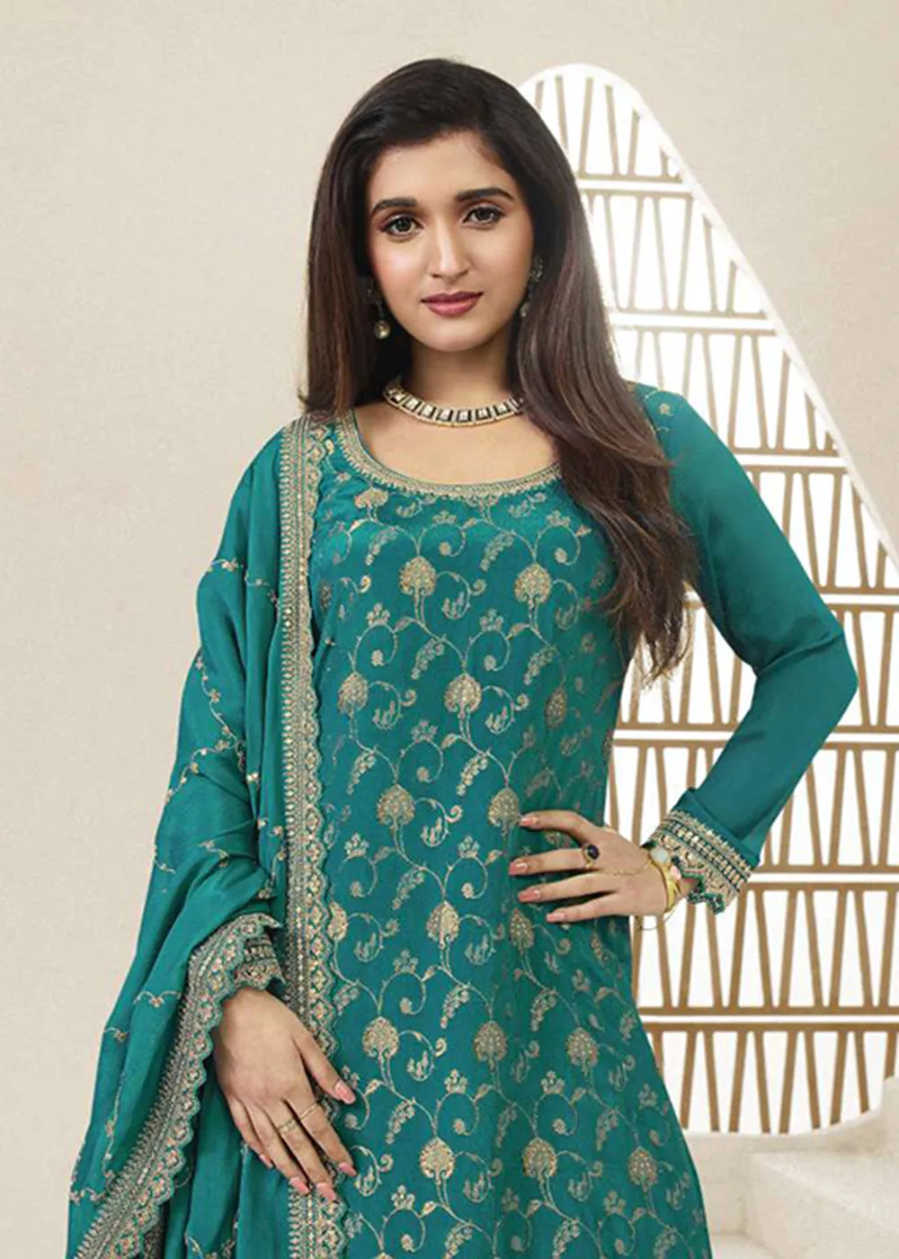 Chinnon Jacquard Rama Green Zari Embroidered Palazzo Suit