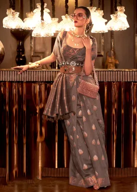 Classy Coffee Brown Copper Zari Weaving Linen Designer Saree