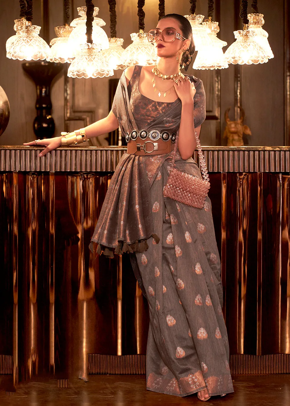 Classy Coffee Brown Copper Zari Weaving Linen Designer Saree