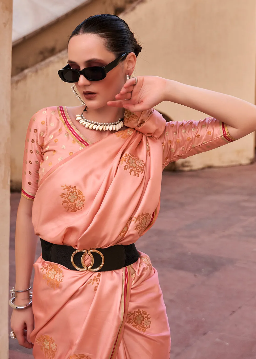 Coral Pink Pure Satin Zari Weaving Wedding Festive Saree