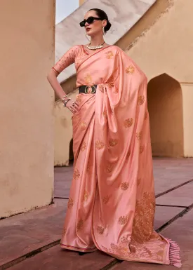 Coral Pink Pure Satin Zari Weaving Wedding Festive Saree