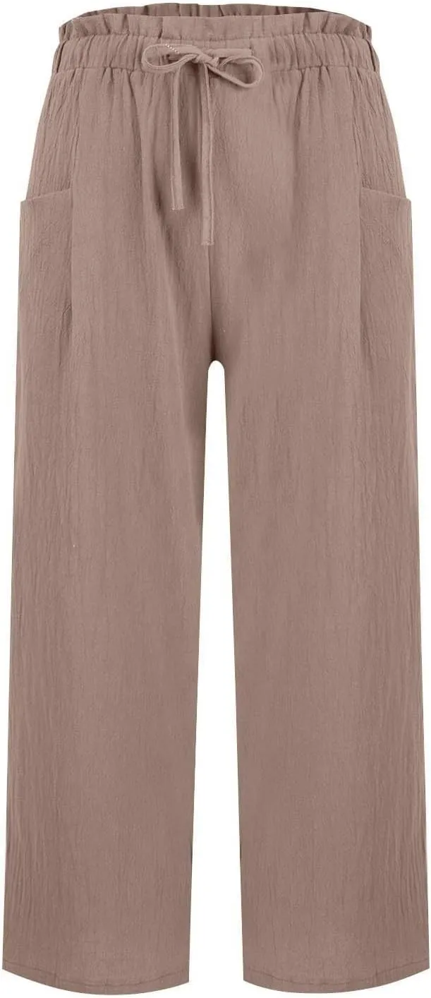 Cropped Linen Pants Women Summer Elastic Waist Wide Leg Crop Pants Casual Drawstring Lightweight Baggy Beach Trousers