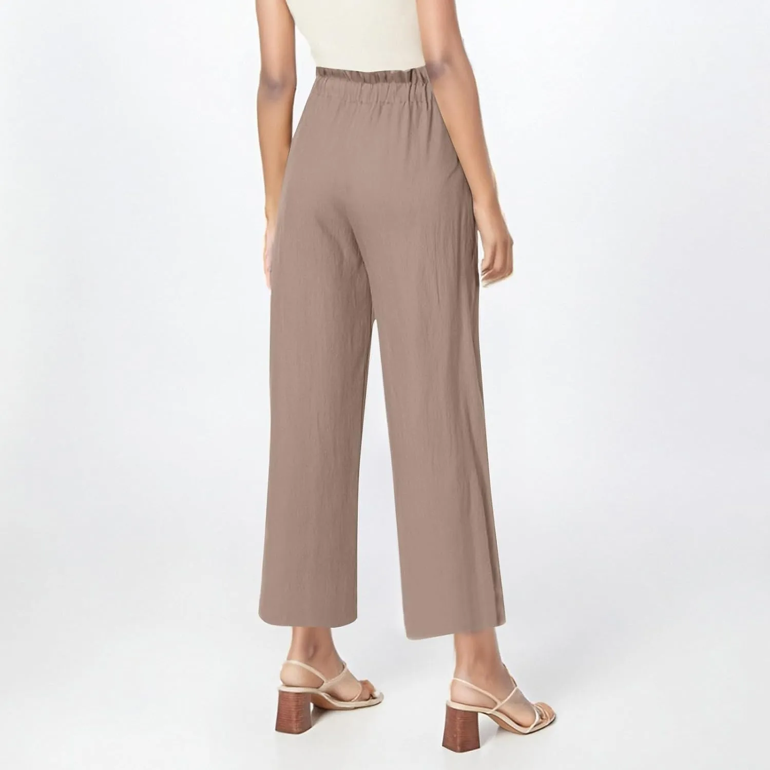 Cropped Linen Pants Women Summer Elastic Waist Wide Leg Crop Pants Casual Drawstring Lightweight Baggy Beach Trousers