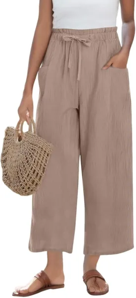 Cropped Linen Pants Women Summer Elastic Waist Wide Leg Crop Pants Casual Drawstring Lightweight Baggy Beach Trousers