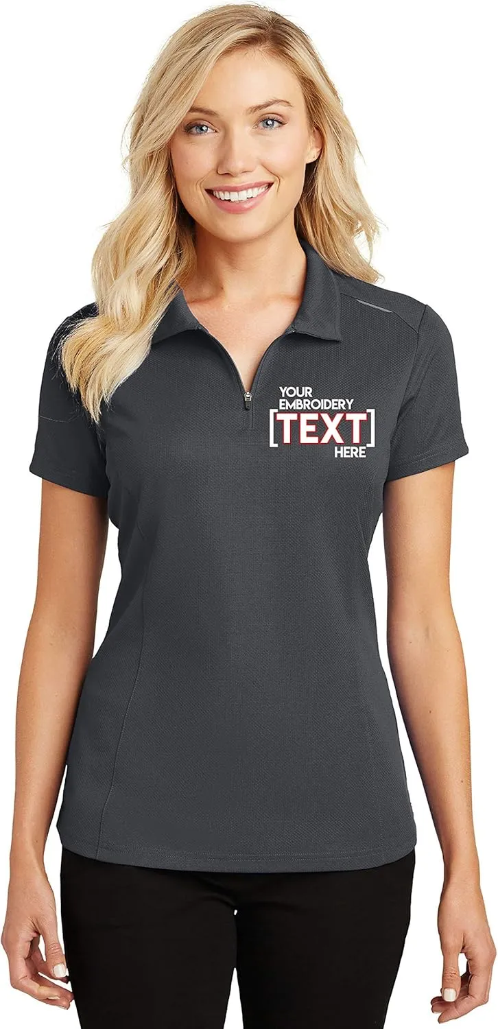 Custom Embroidered Polo Shirts for Ladies - Pinpoint Mesh Quarter Zip Personalized Embroidery Polos