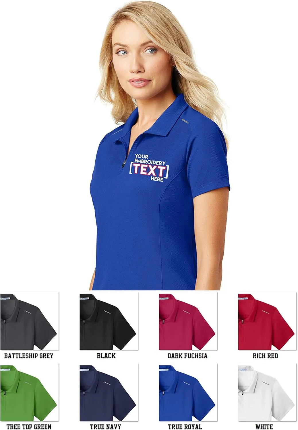 Custom Embroidered Polo Shirts for Ladies - Pinpoint Mesh Quarter Zip Personalized Embroidery Polos