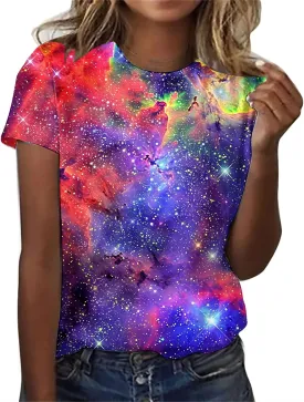 Cute Summer Tops for Women Galaxy Space Print Petite Shirts Casual Short Sleeve Crewneck Graphic Tees Blouses
