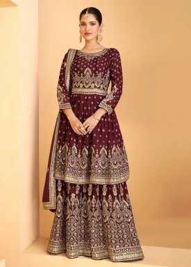 Designer Maroon Georgette Pakistani Style Sharara Suit