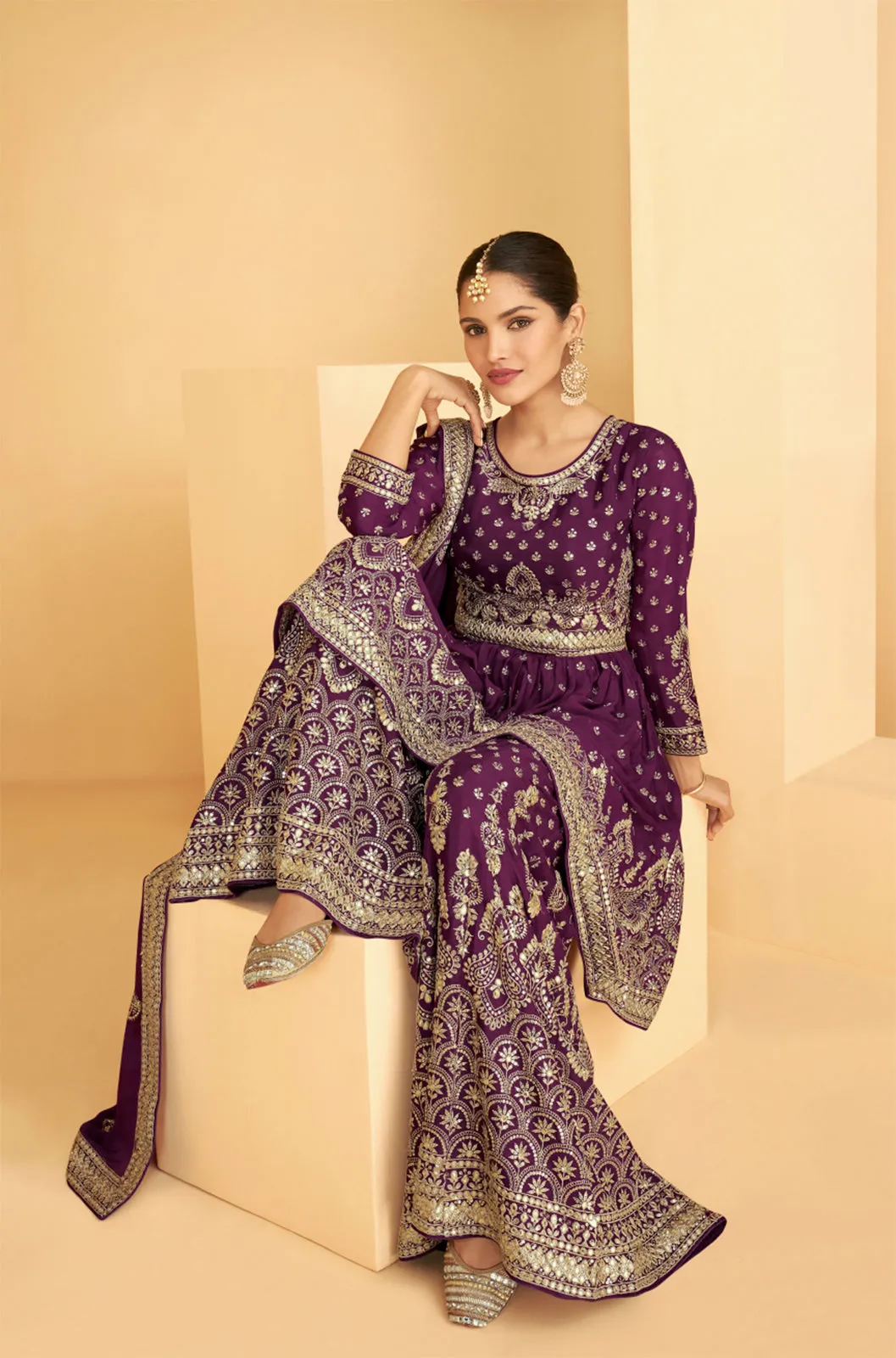 Designer Plum Purple Georgette Pakistani Style Sharara Suit