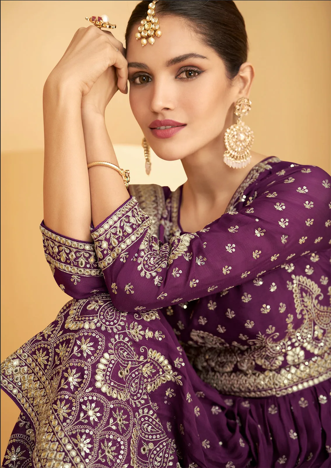 Designer Plum Purple Georgette Pakistani Style Sharara Suit